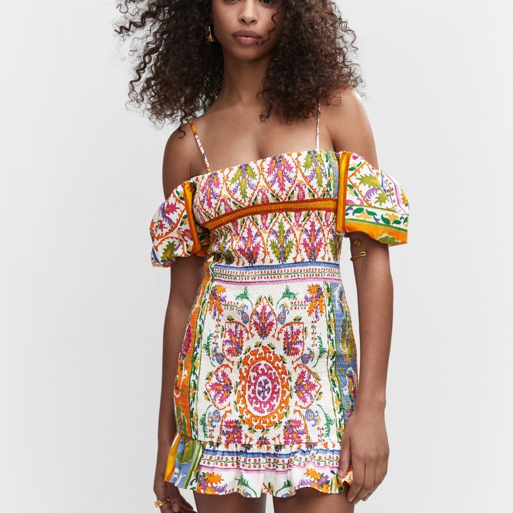 MANGO Women’s Puffed Sleeves Ruffled Dress | Size 6